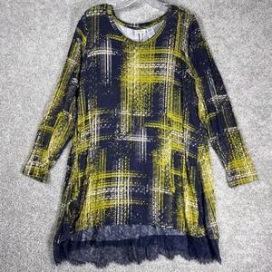 LOGO by Lori Goldstein 1X Navy Yellow Plaid Lace Trim Tunic Top Long Sleeve